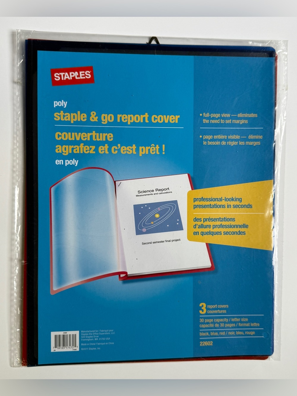 STAPLES Poly Staple & Go Report Cover - Multi-Color, 3 Pack, 22602